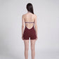 Sleeveless Active Romper with Built In Bra Halter Neck Contrast Trim and Fitted Shorts