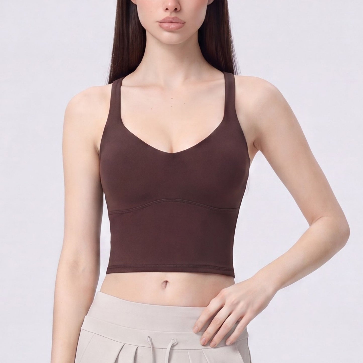 Cropped Yoga Tank Top with Built In Padding Scoop Neck Wide Strap Fitted Activewear Top
