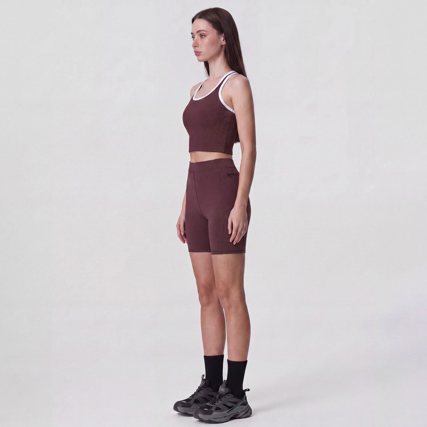 High Waist Ribbed Biker Shorts with Side Pocket and Adjustable Drawcord Detail