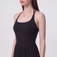 Sleeveless Halter Neck Wide Leg Jumpsuit with Ribbed Bodice Gathered Waist and Flowy Pants