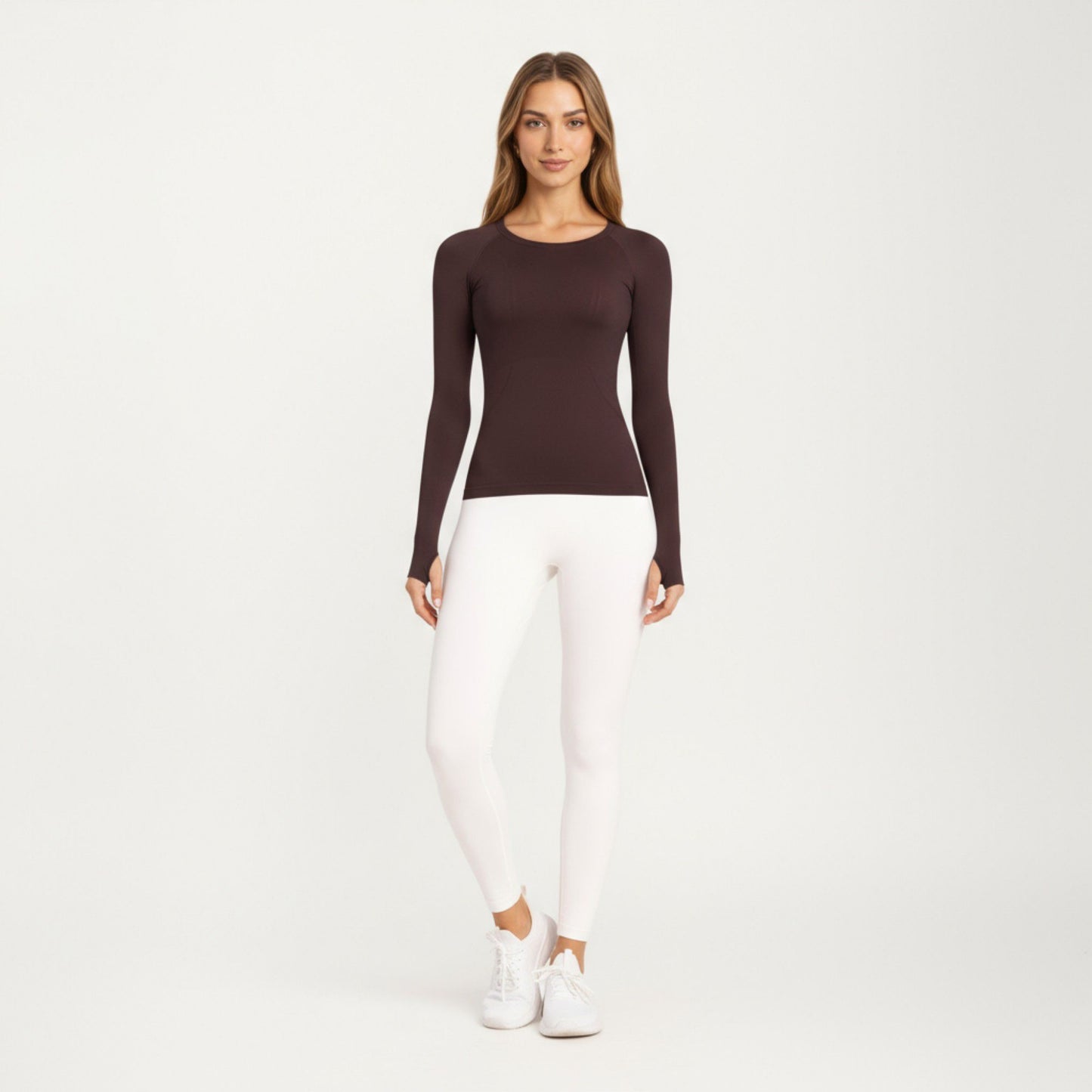 Seamless Long Sleeve Fitted Top with Thumbhole Cuffs and Crew Neck