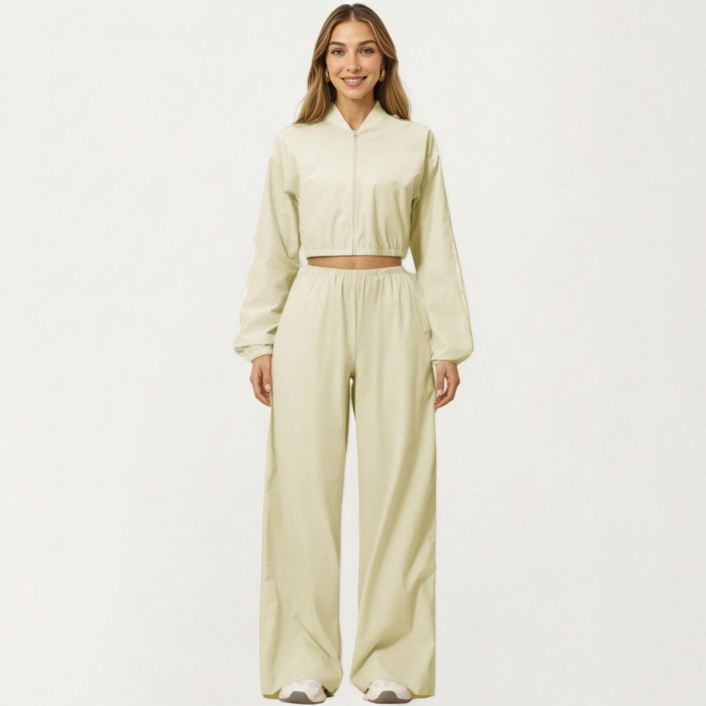 Cropped Zip Front Jacket with Elastic Hem and Long Sleeves
