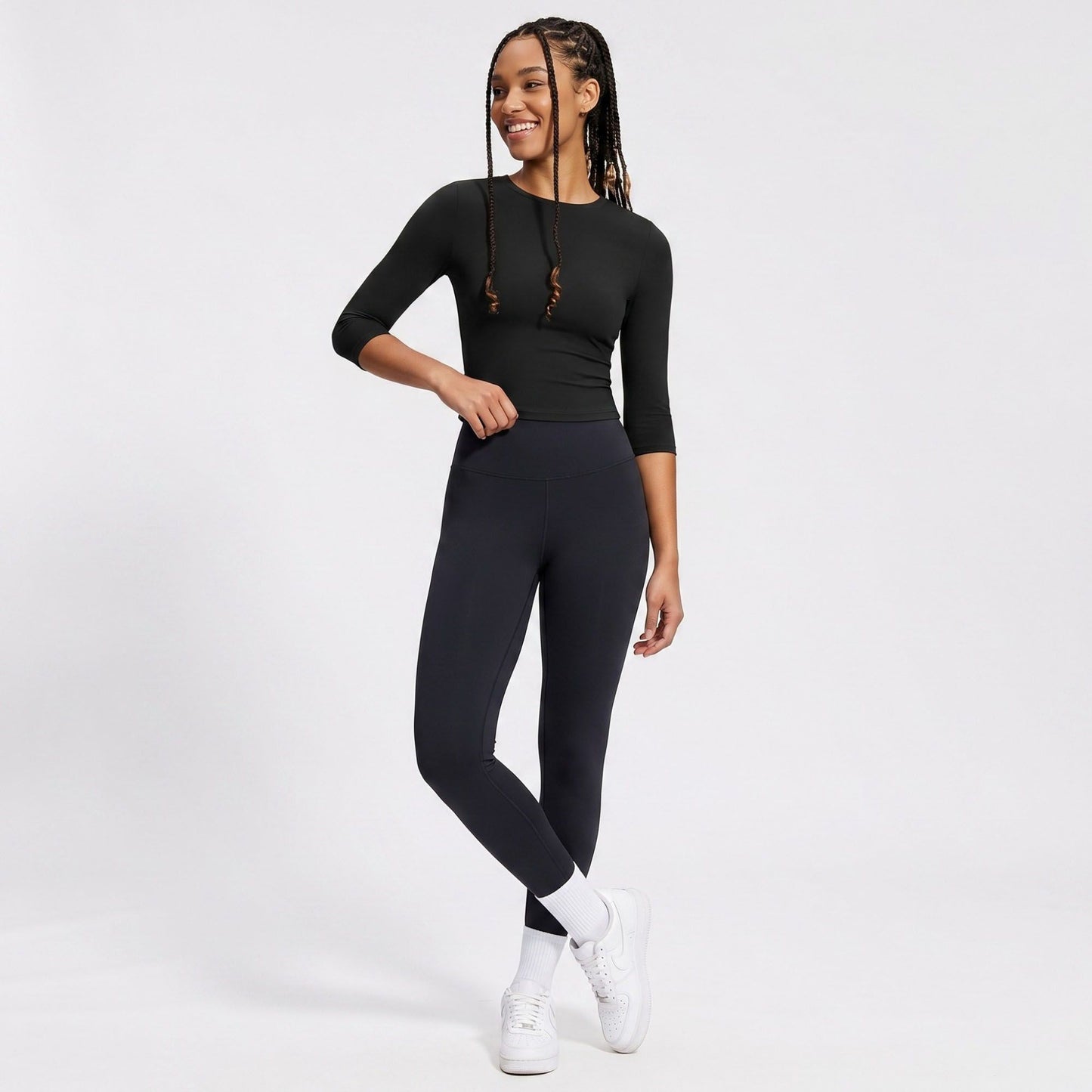 Elbow Sleeve Workout Top Crew Neck Fitted Crop Yoga Activewear Shirt