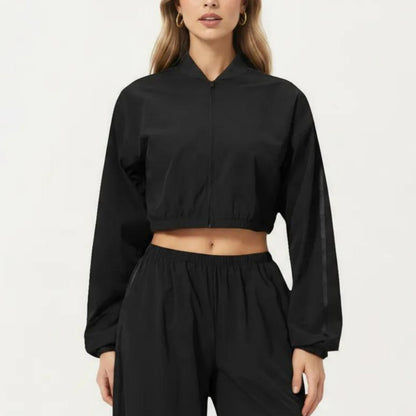Cropped Zip Front Jacket with Elastic Hem and Long Sleeves