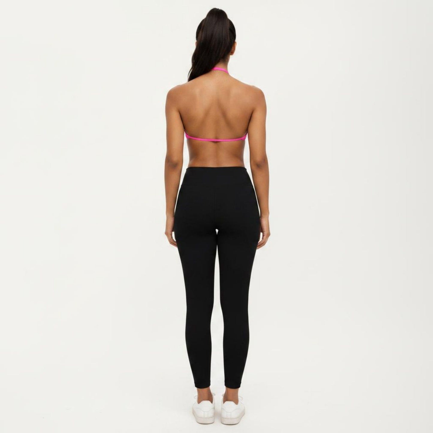 Halter Sports Bra with Ruched Front Detail and Open Back Design