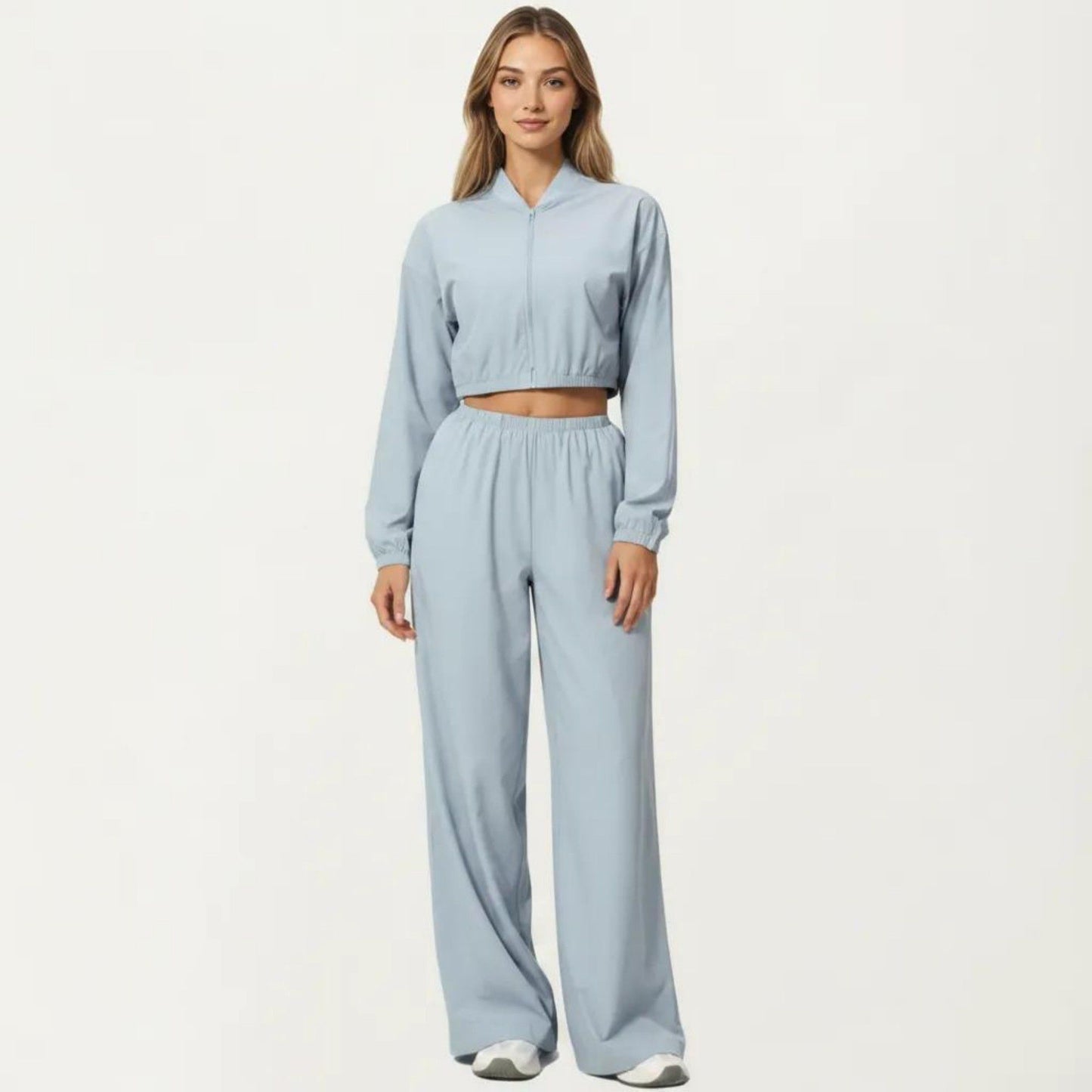 Cropped Zip Front Jacket with Elastic Hem and Long Sleeves