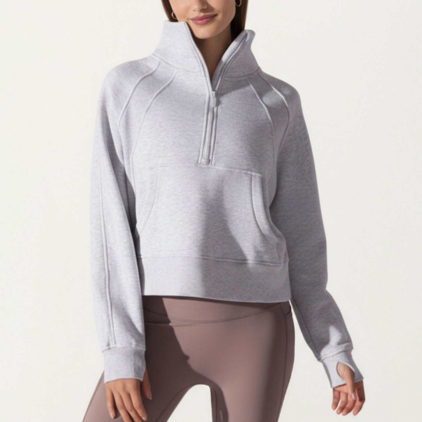 Long Sleeve Half Zip Pullover Sweatshirt with High Collar and Kangaroo Pocket Design