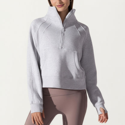 Long Sleeve Half Zip Pullover Sweatshirt with High Collar and Kangaroo Pocket Design