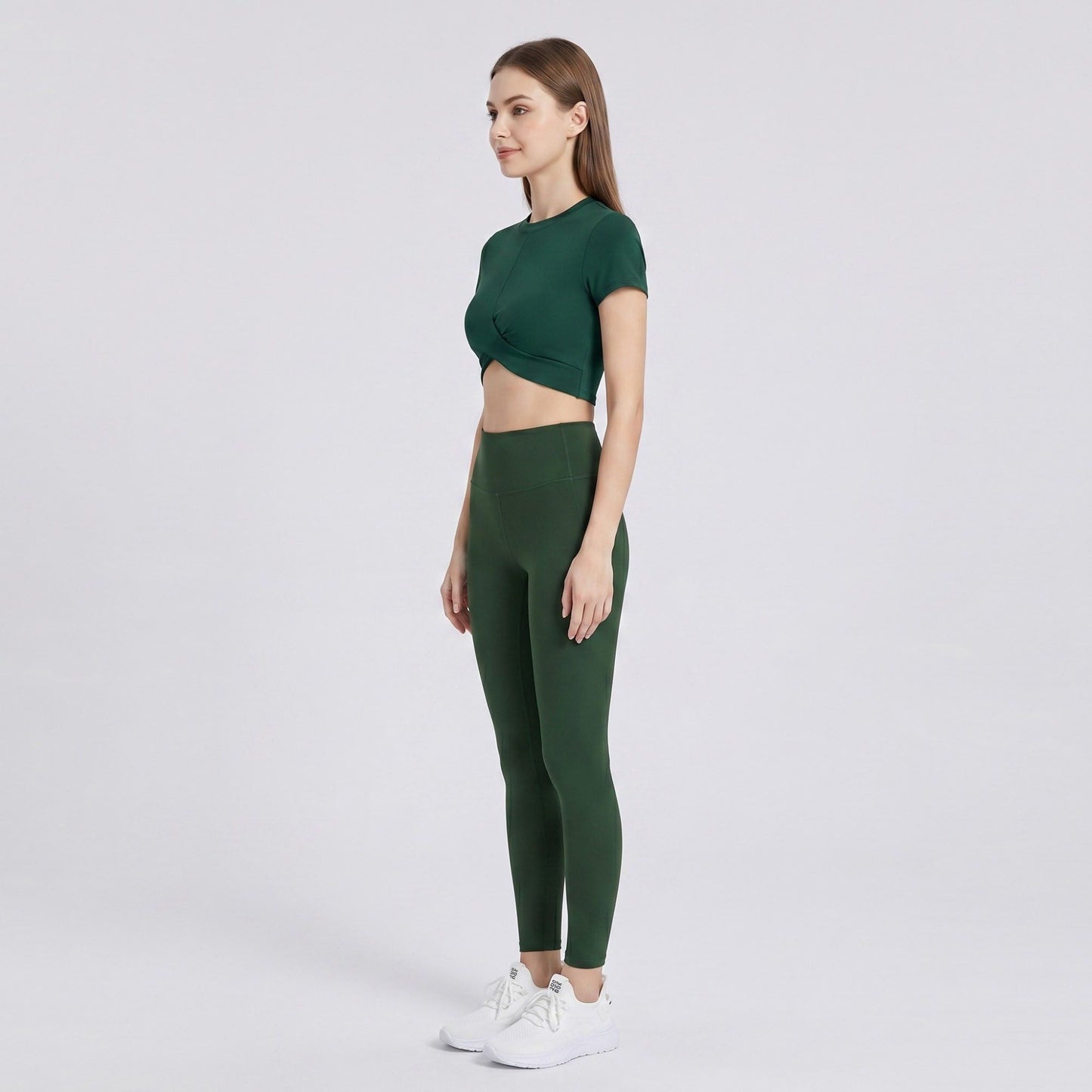 Short Sleeve Twist Front Crop Workout Top Crew Neck Yoga Activewear T Shirt