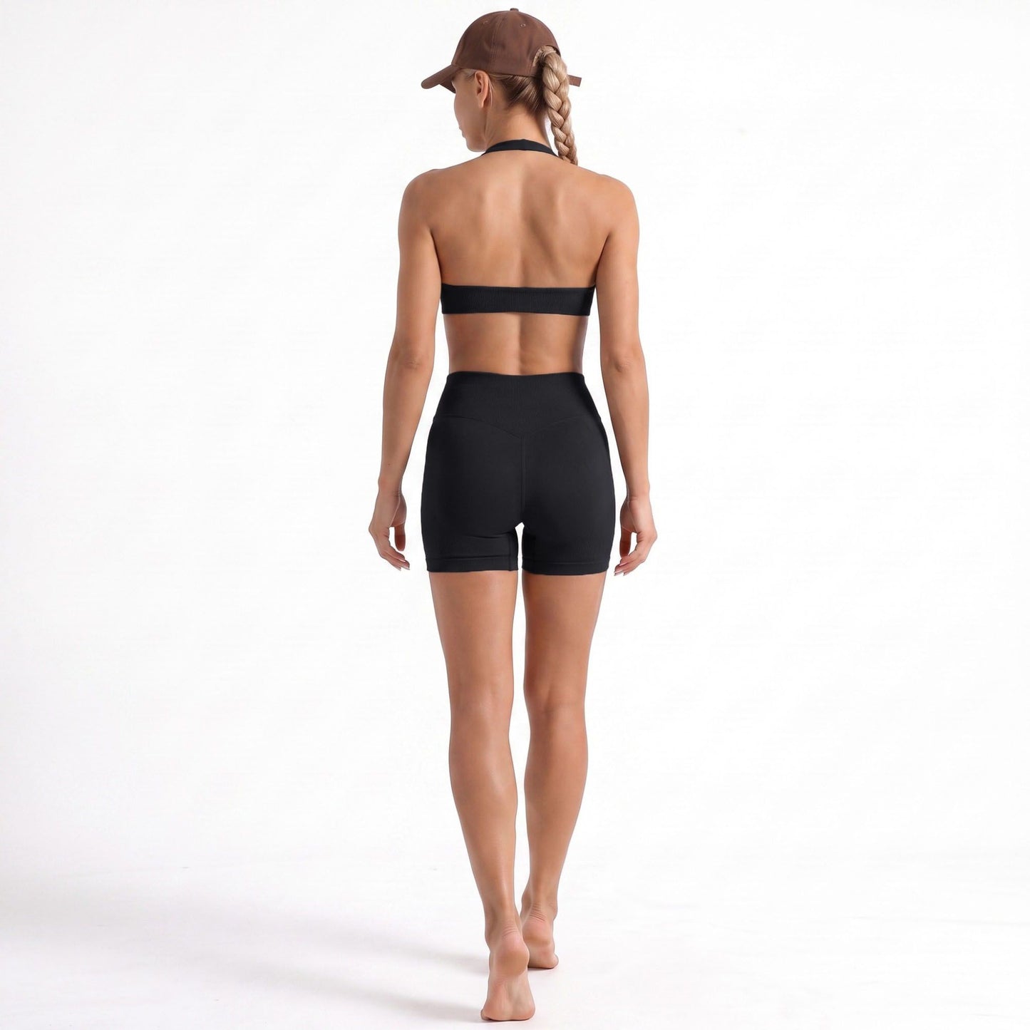 Seamless Halter Sports Bra with Ribbed Underband Open Back Workout Top for Athleisure
