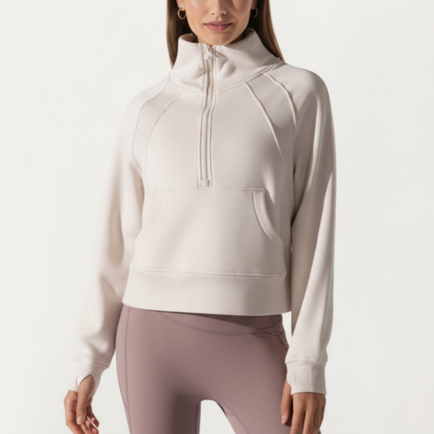 Long Sleeve Half Zip Pullover Sweatshirt with High Collar and Kangaroo Pocket Design