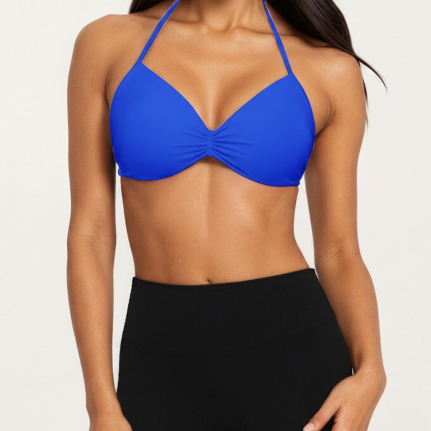 Halter Sports Bra with Ruched Front Detail and Open Back Design