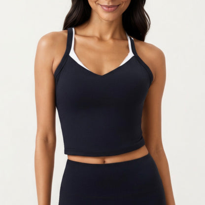 V-Neck Cropped Active Tank Top with Double Shoulder Straps