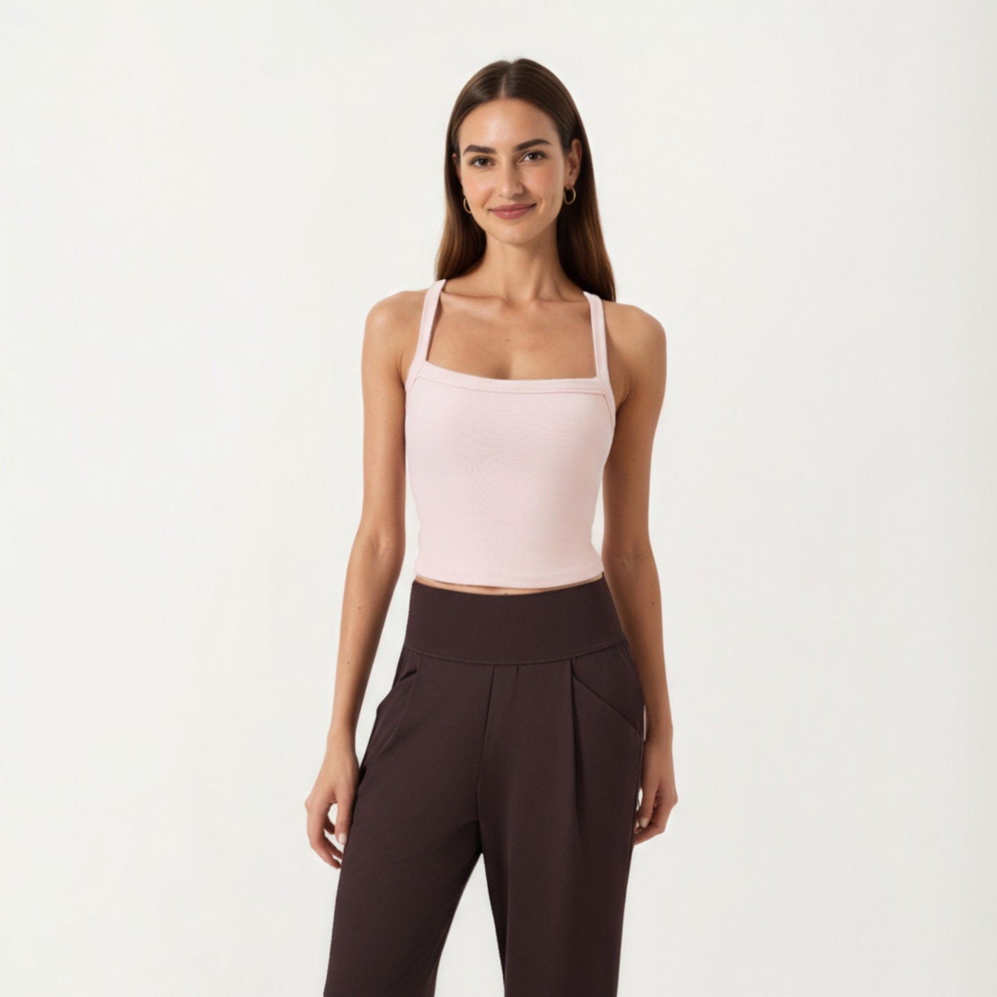 Square Neck Ribbed Knit Cropped Tank Top with Wide Shoulder Straps