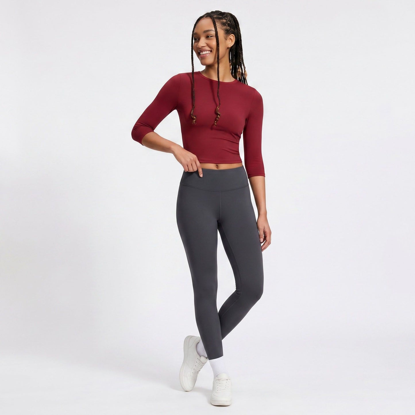 Elbow Sleeve Workout Top Crew Neck Fitted Crop Yoga Activewear Shirt
