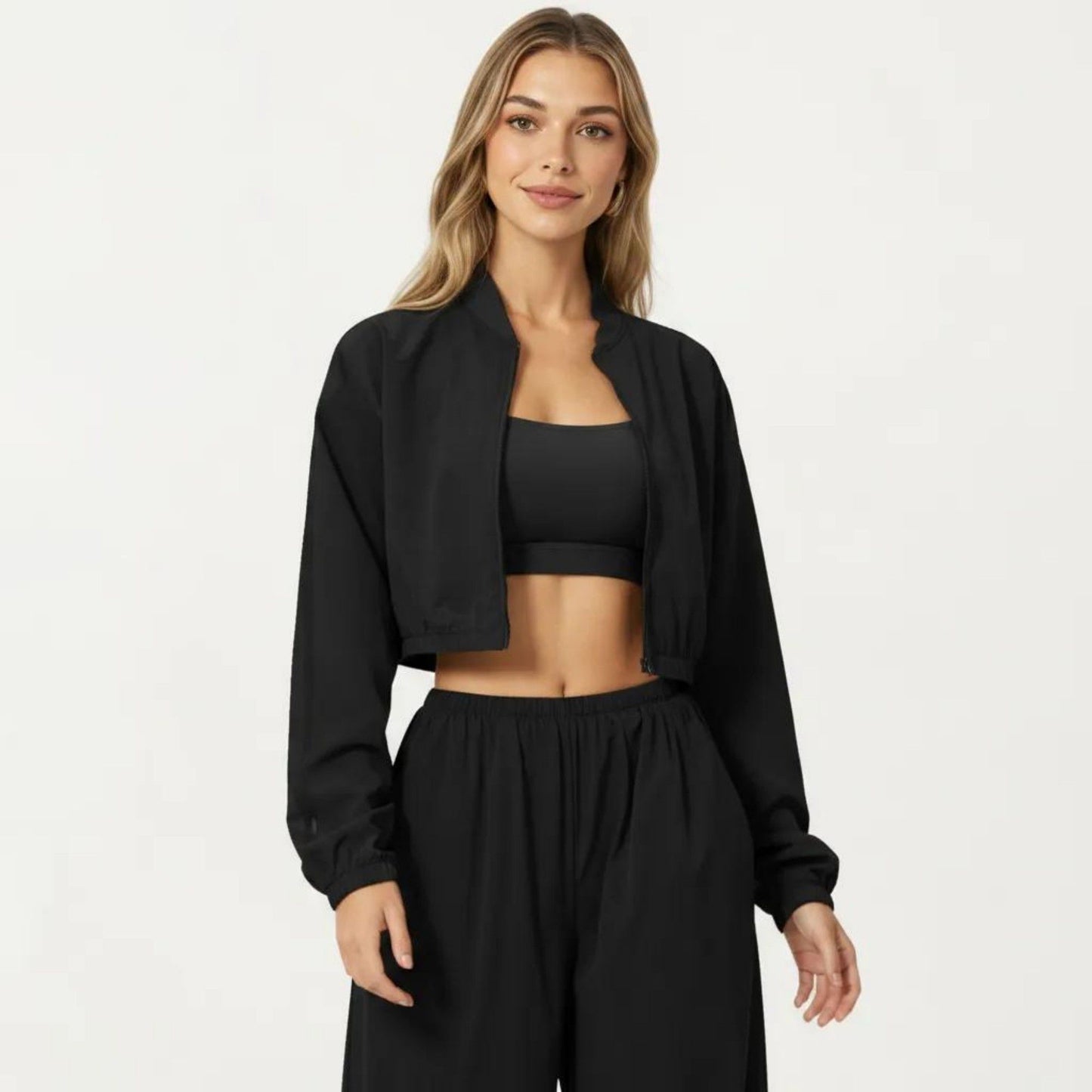 Cropped Zip Front Jacket with Elastic Hem and Long Sleeves