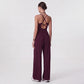 Sleeveless Halter Neck Wide Leg Jumpsuit with Ribbed Bodice Gathered Waist and Flowy Pants