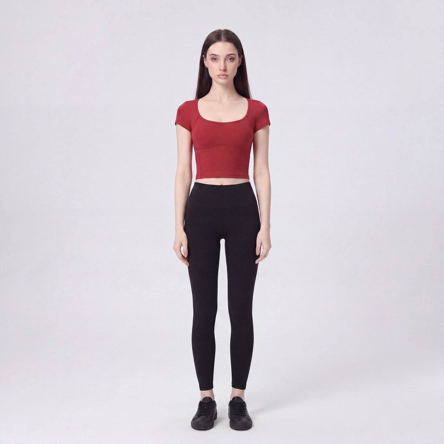 Short Sleeve Cropped Yoga Top with Built In Padding Scoop Neck Contoured Seam Activewear T Shirt