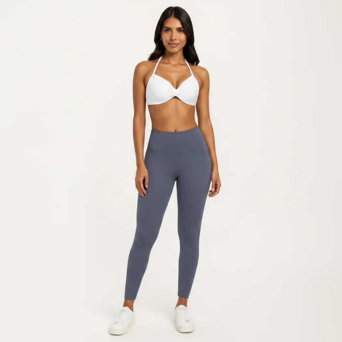 Halter Sports Bra with Ruched Front Detail and Open Back Design