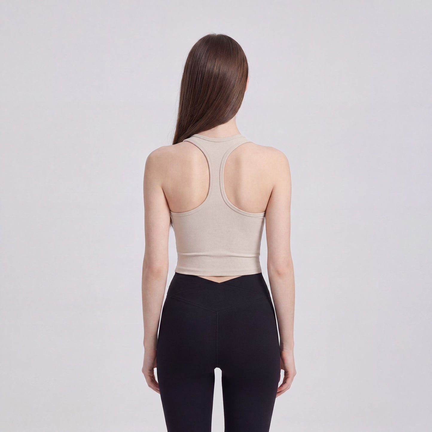 Sleeveless Yoga Tank Top with Built In Padding Scoop Neck Cutout Strap Detail and Fitted Activewear Silhouette