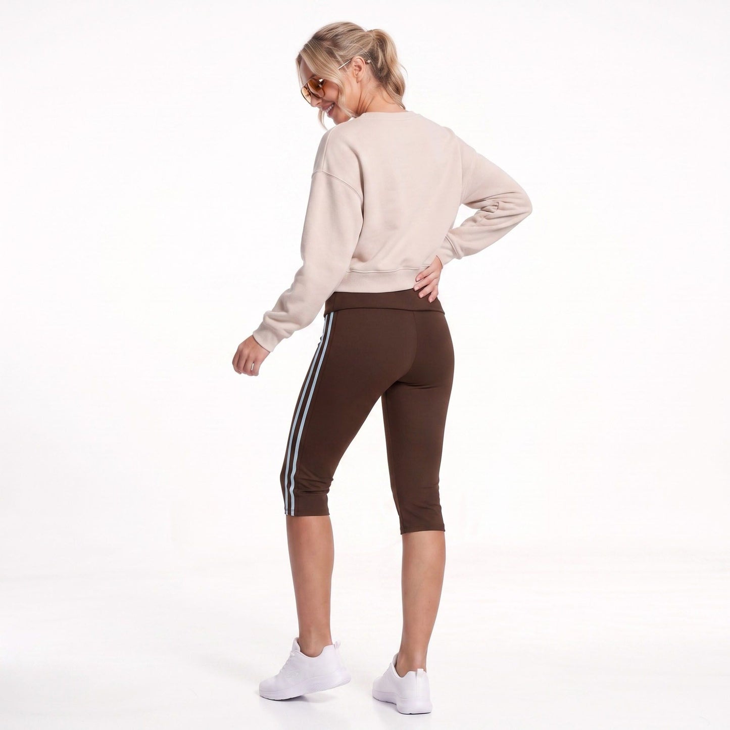 Foldover Waist Capri Leggings with Contrast Side Stripes