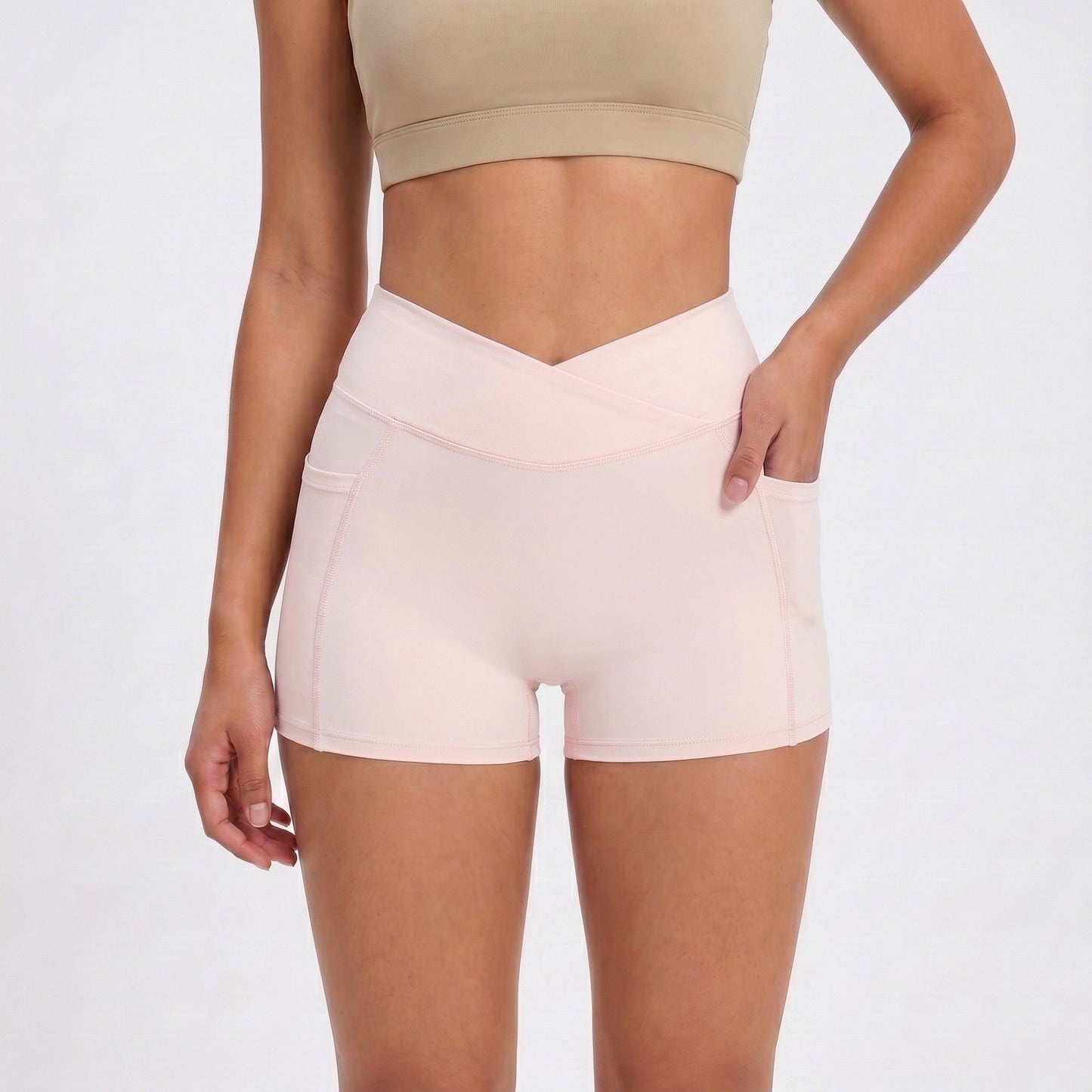 High Waist Crossover Waistband Pocket Workout Biker Shorts