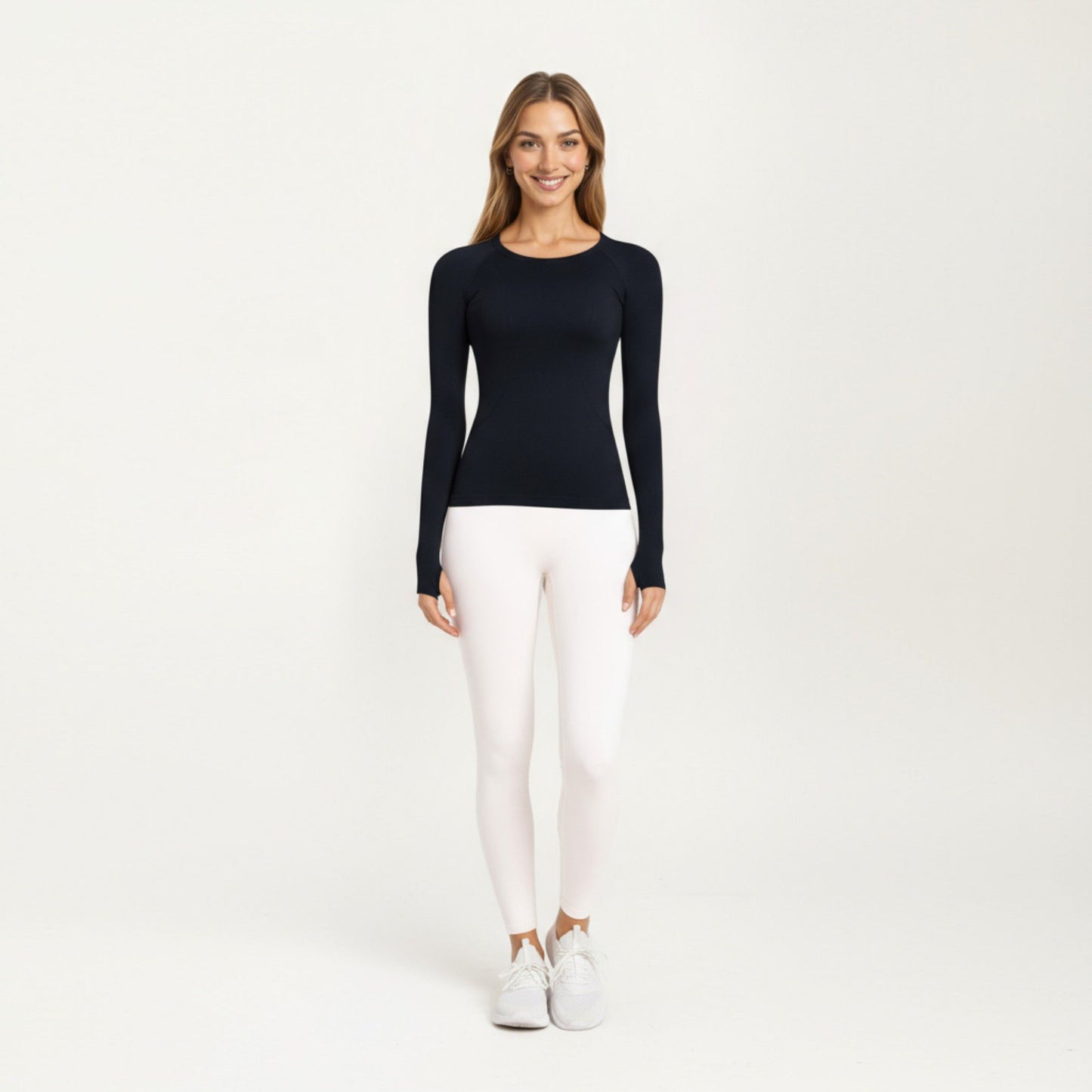 Seamless Long Sleeve Fitted Top with Thumbhole Cuffs and Crew Neck