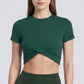 Short Sleeve Twist Front Crop Workout Top Crew Neck Yoga Activewear T Shirt