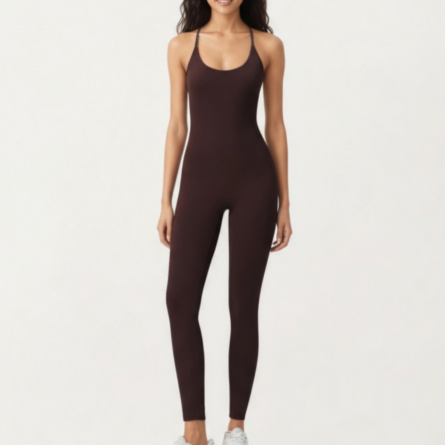 Scoop Neck Full-Length Activewear Bodysuit with Spaghetti Straps