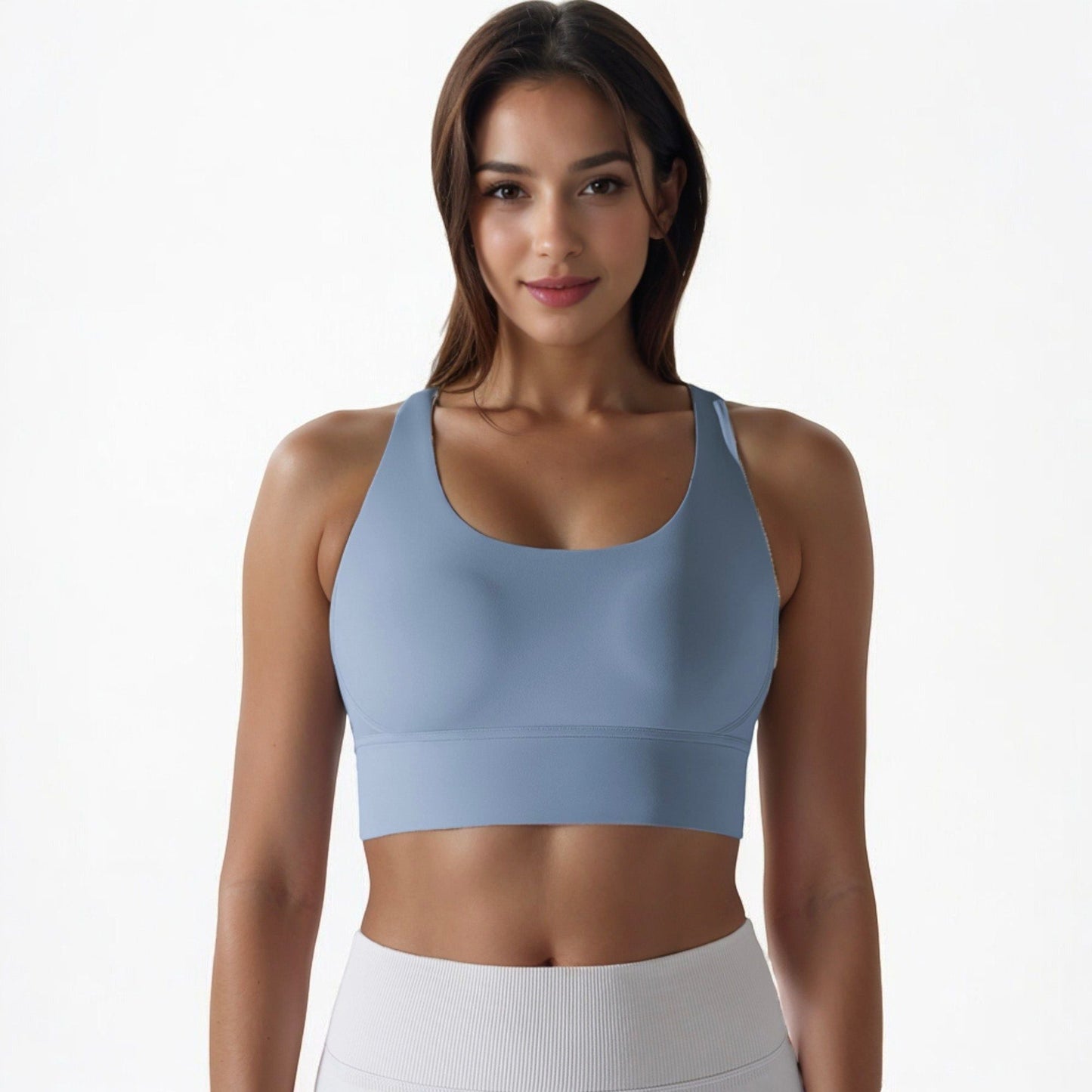 Scoop Neck Stretchy Cropped Banded Criss Cross Back Sports Bra