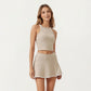 High Neck Ribbed Cropped Tank Top with Contrast Piping Trim