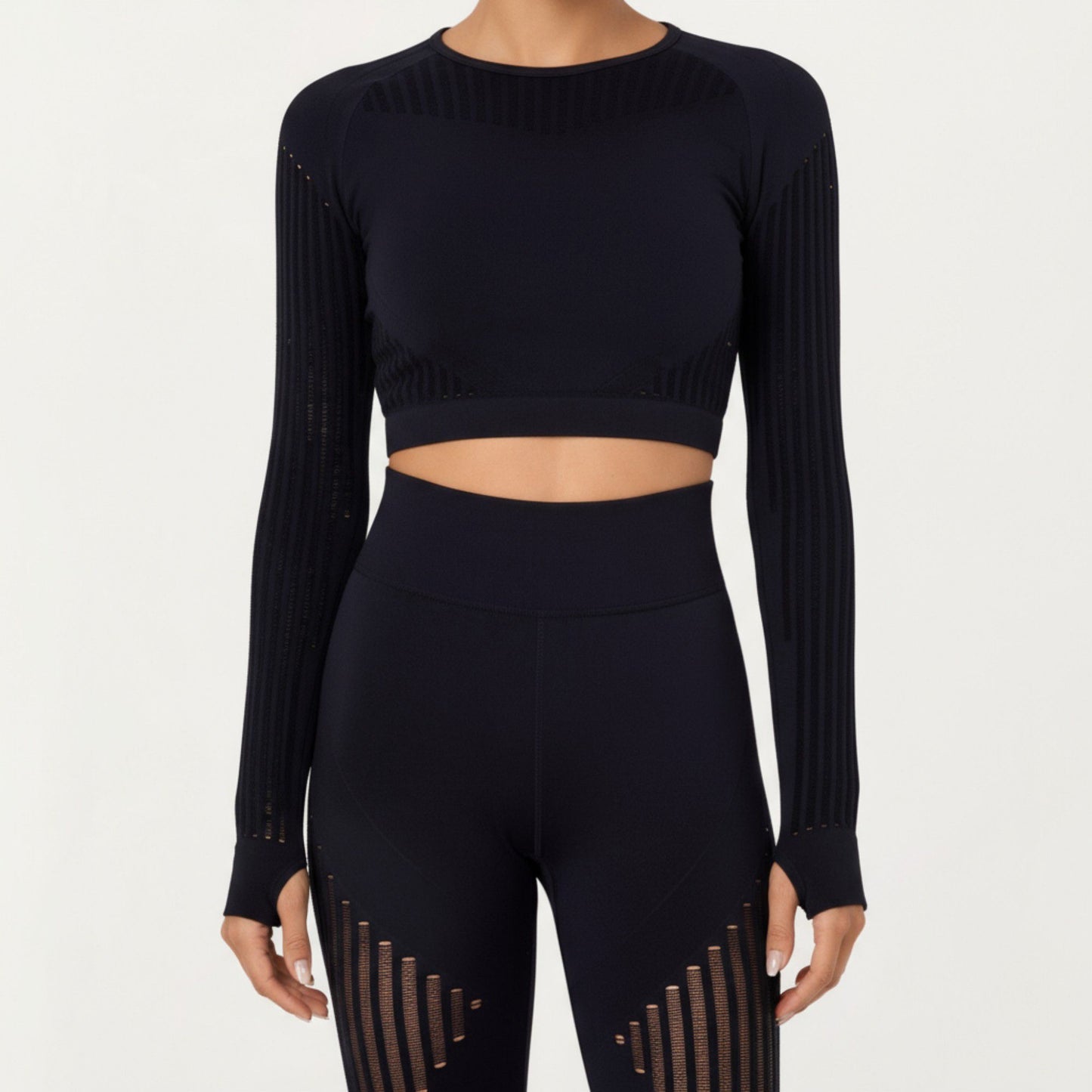 Long Sleeve Seamless Crop Top with Ribbed Texture and Contour Panels