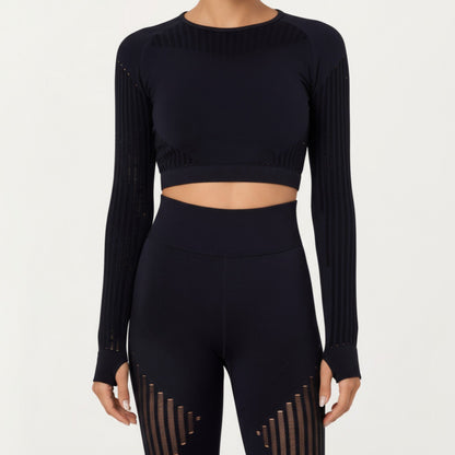 Long Sleeve Seamless Crop Top with Ribbed Texture and Contour Panels