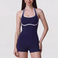 Sleeveless Active Romper with Built In Bra Halter Neck Contrast Trim and Fitted Shorts
