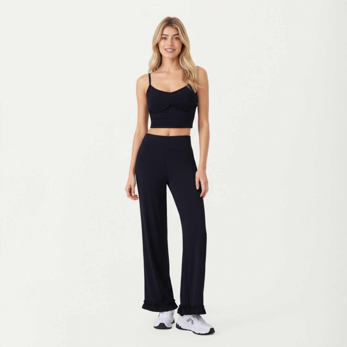 High Waist Wide Leg Sweatpants with Ruffle Hem Detail