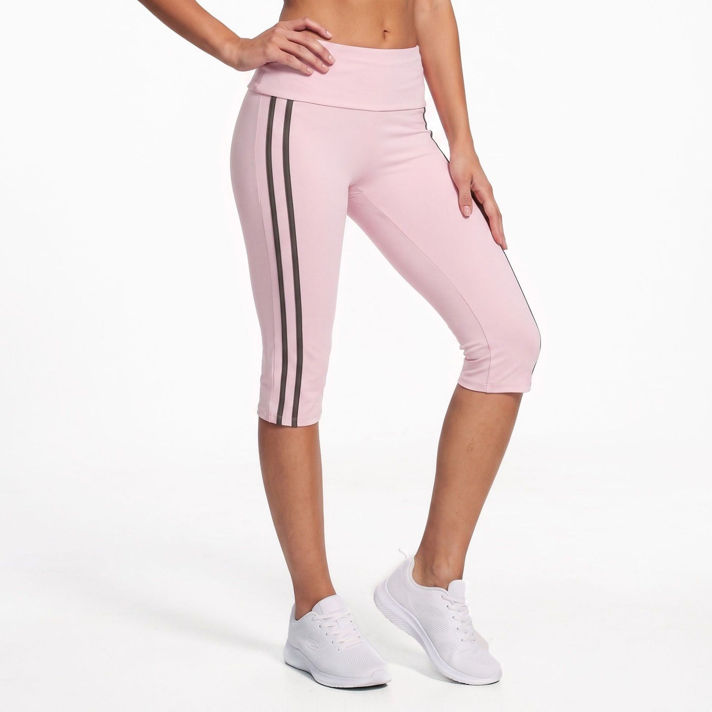Foldover Waist Capri Leggings with Contrast Side Stripes