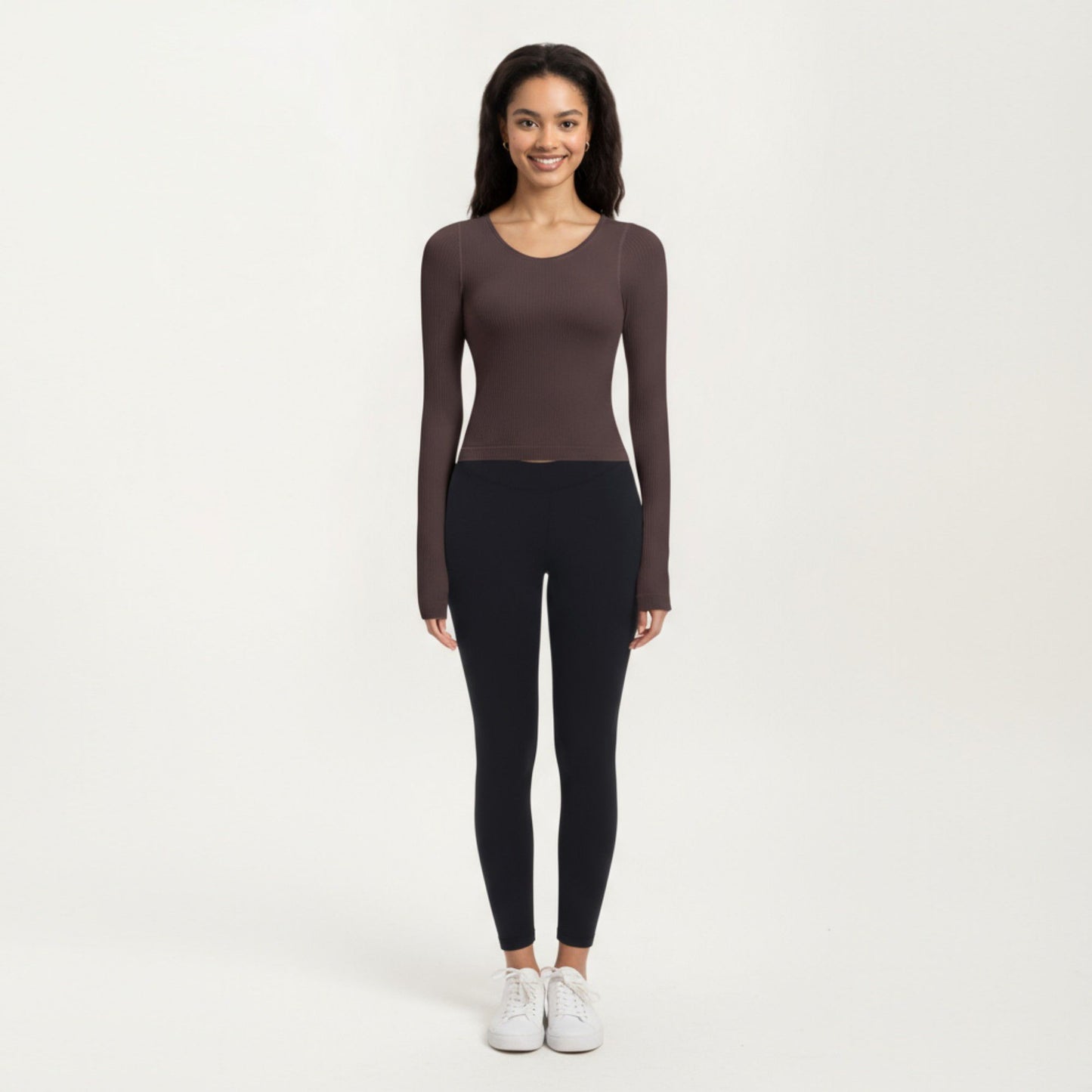 Ribbed Long Sleeve Fitted Top with Crew Neck and Thumbhole Cuffs