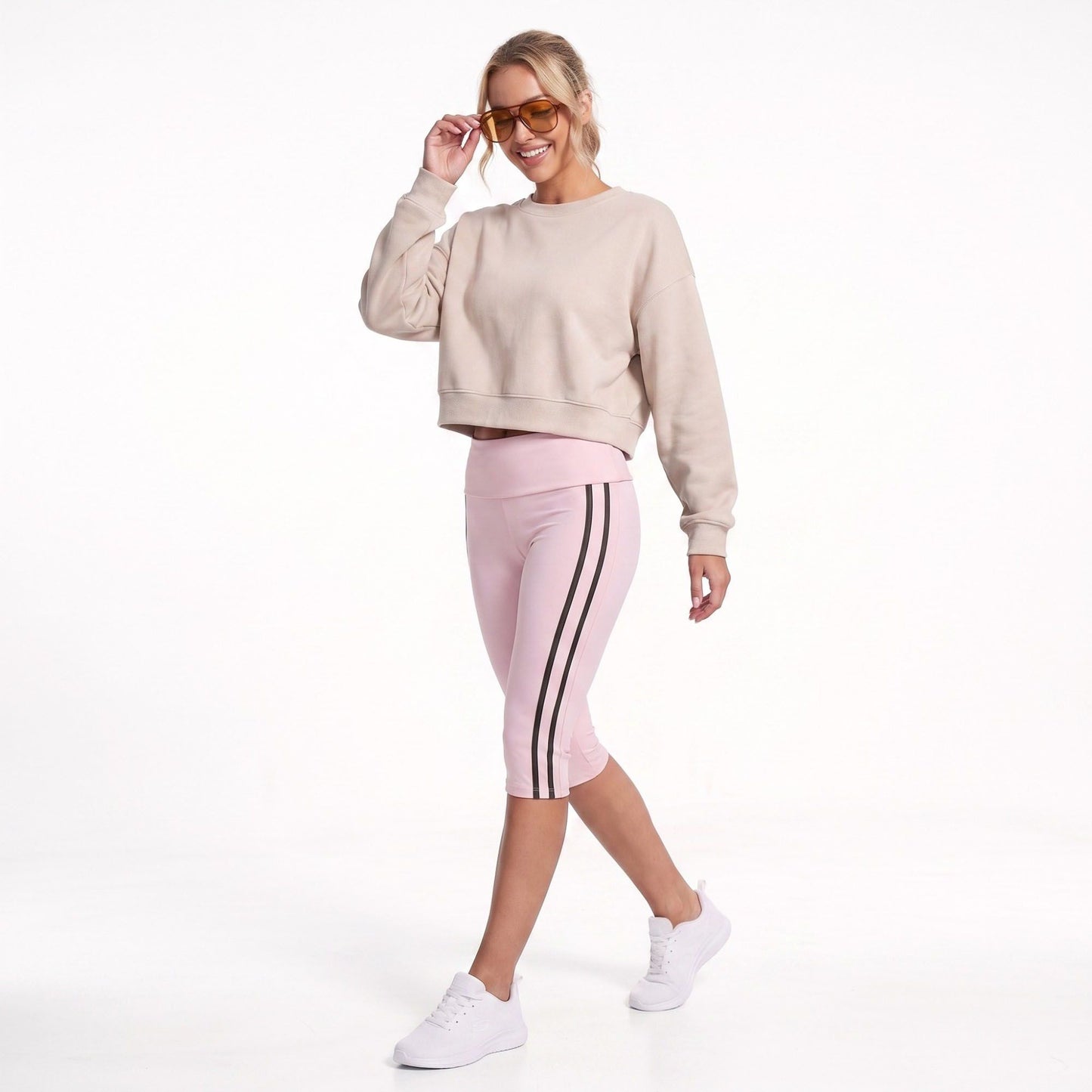Foldover Waist Capri Leggings with Contrast Side Stripes