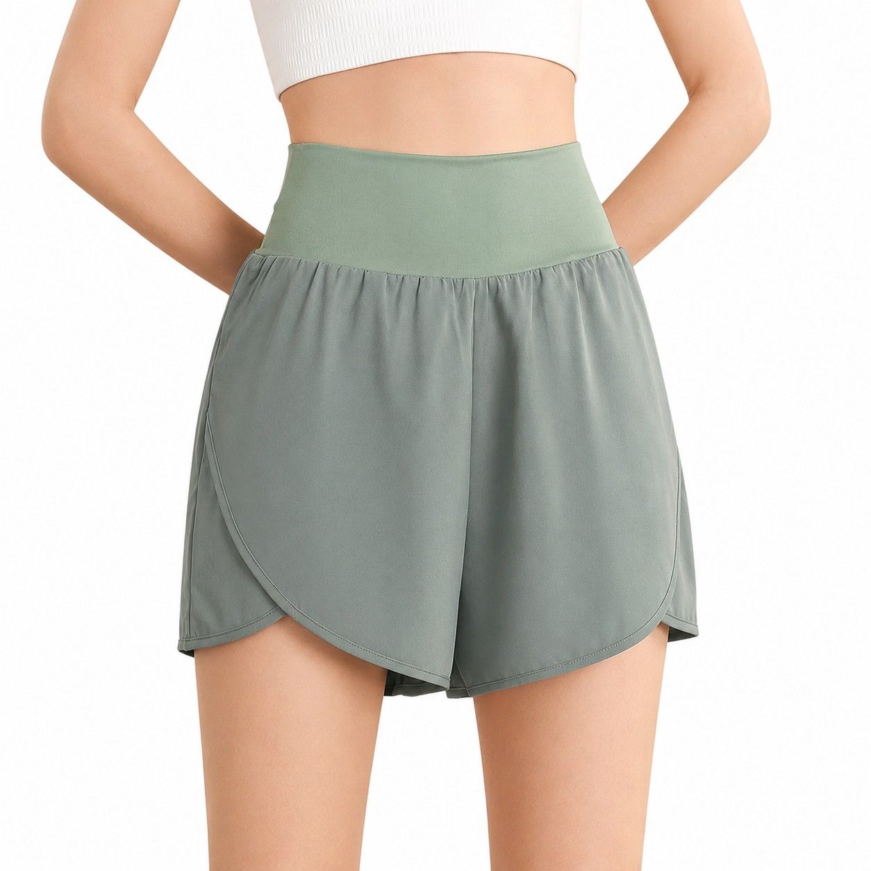 High Rise Running Shorts with Curved Hem and Side Pocket