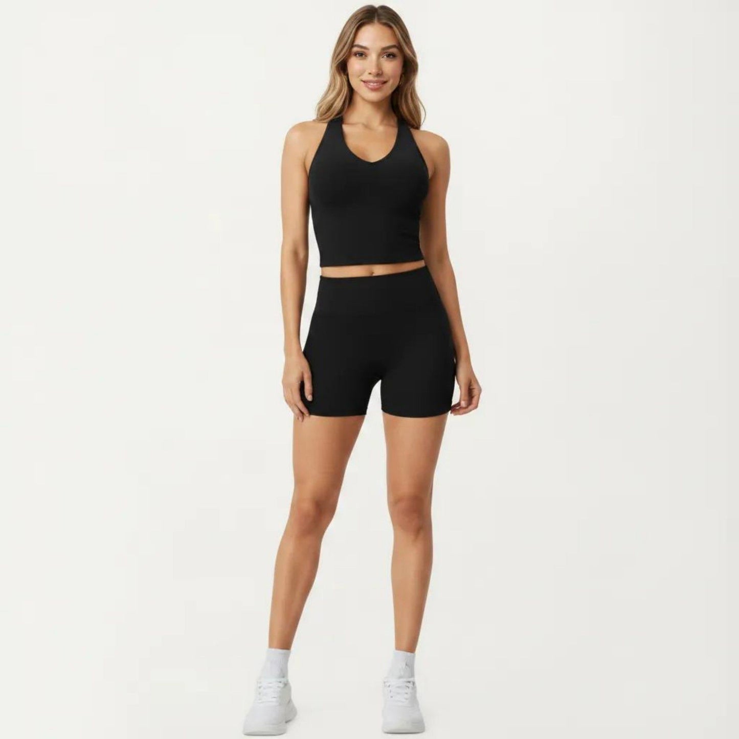 High Neck Longline Sports Bra with Open Back and Cropped Active Fit
