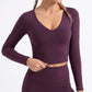 V Neck Long Sleeve Workout Crop Top Fitted Active Shirt