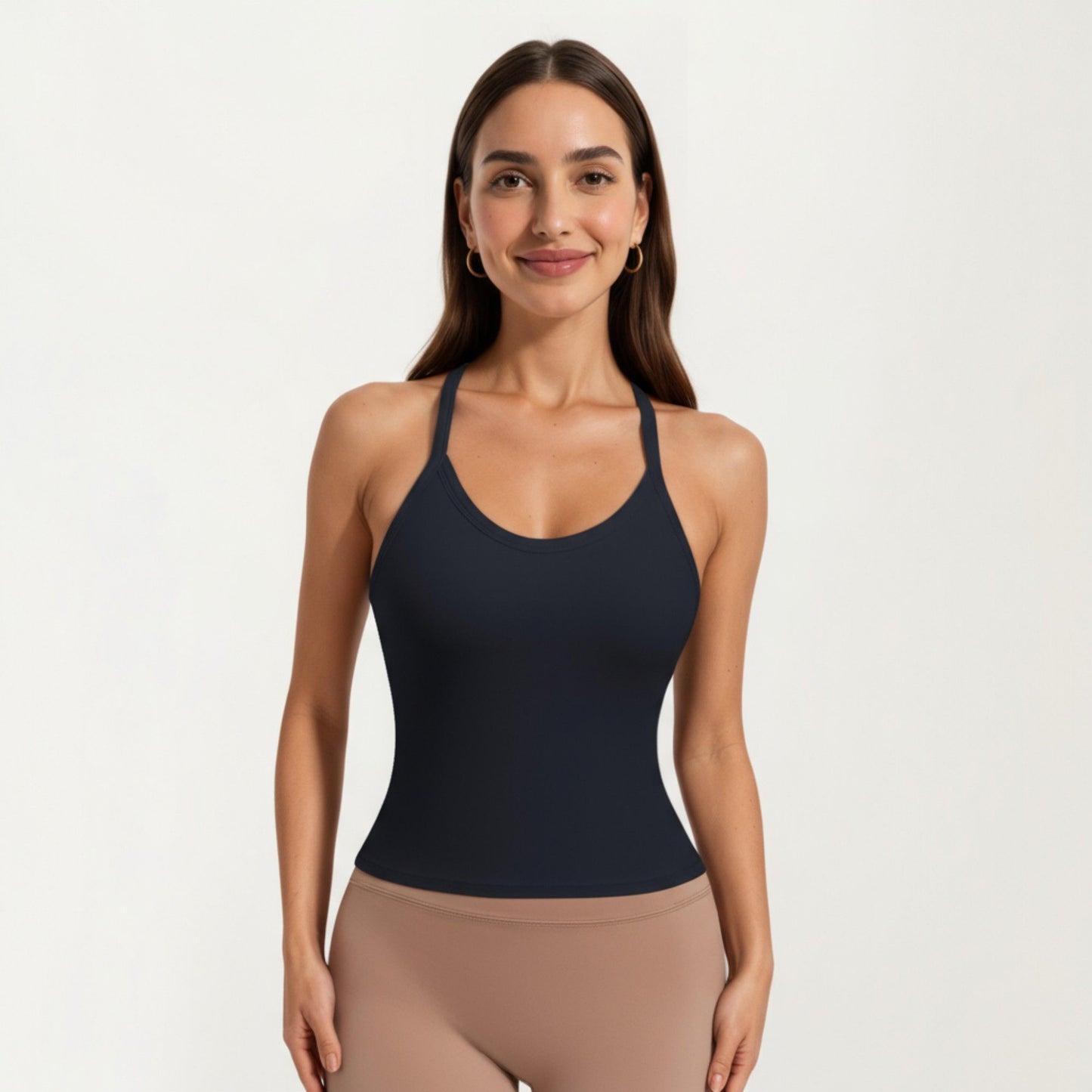 Fitted Strappy Back Tank Top with Scoop Neck and Cross Back Design
