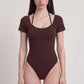 Short Sleeve One Piece Active Bodysuit with Built In Padding Open Back Stretch Fit and Quick Dry Fabric