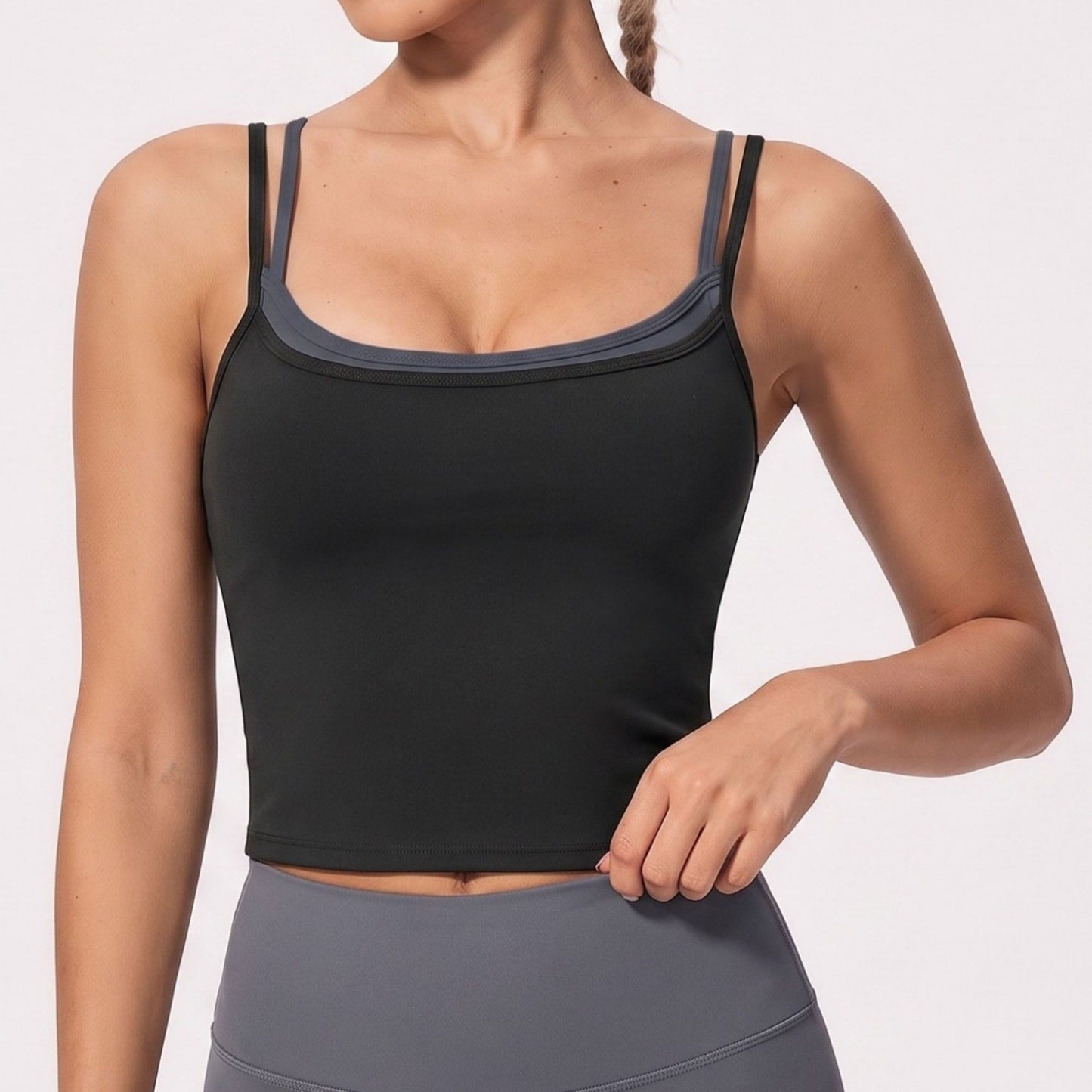 Double Strap Workout Tank Square Neck Fitted Crop Top