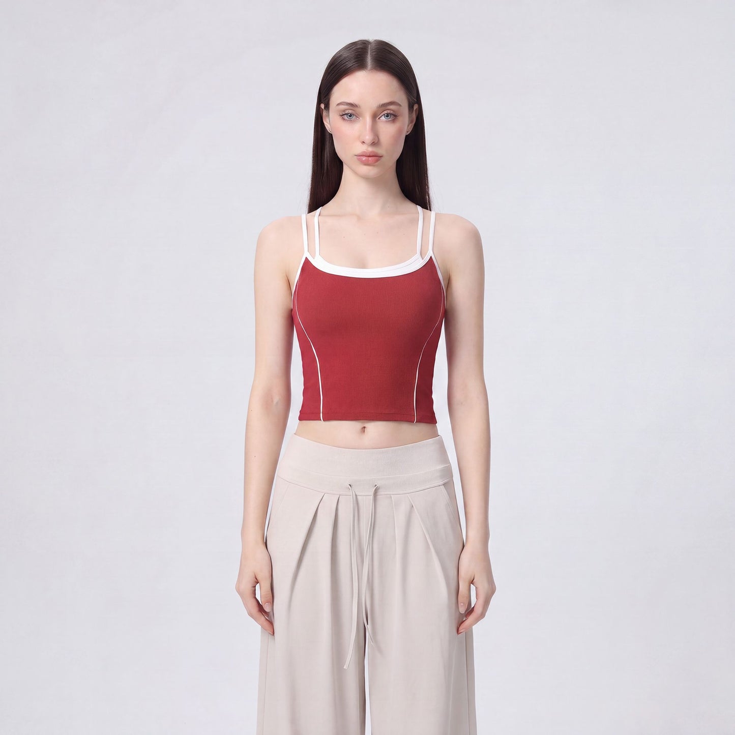Contrast Trim Double Strap Cropped Cami Tank Top with Fitted Light Support Activewear Design