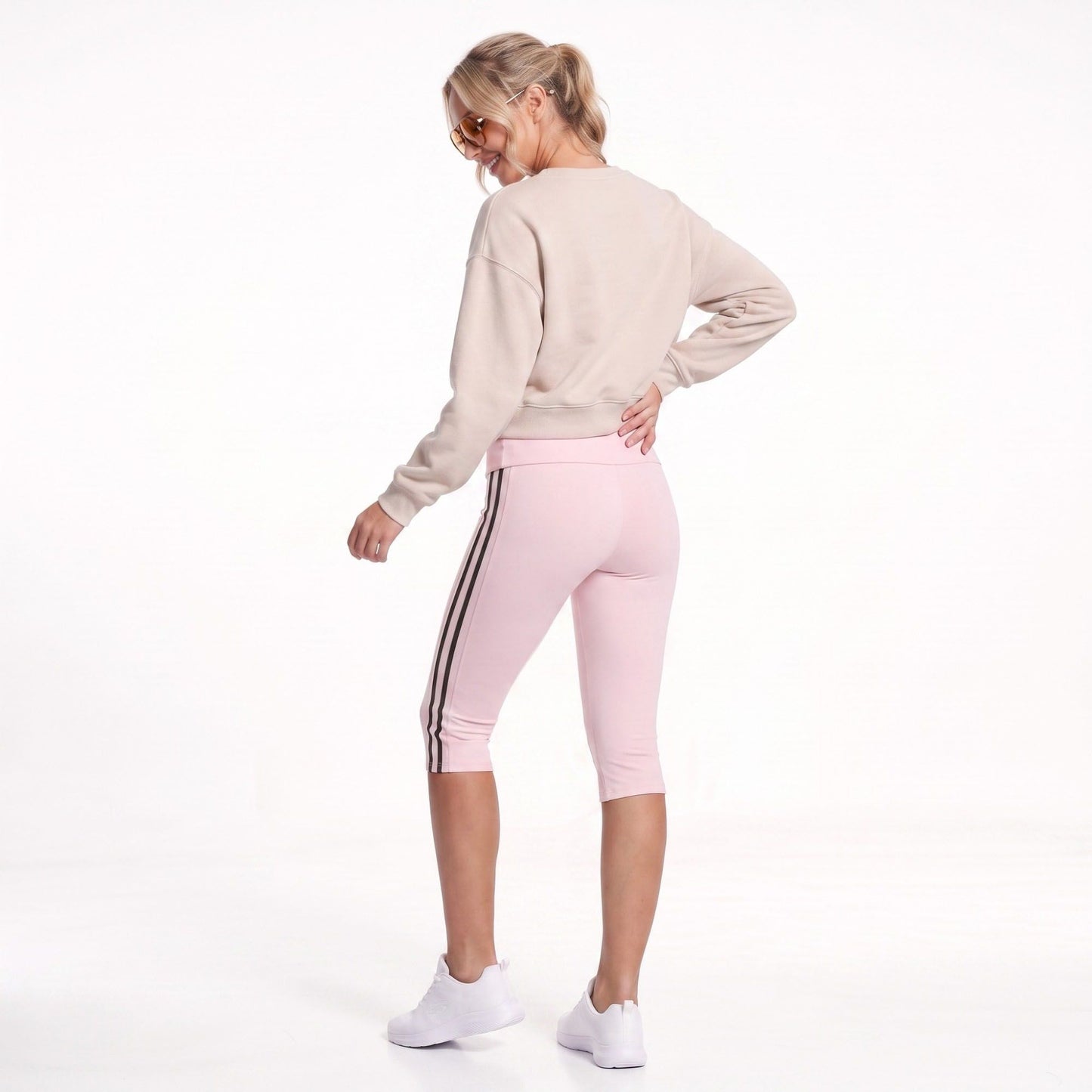 Foldover Waist Capri Leggings with Contrast Side Stripes