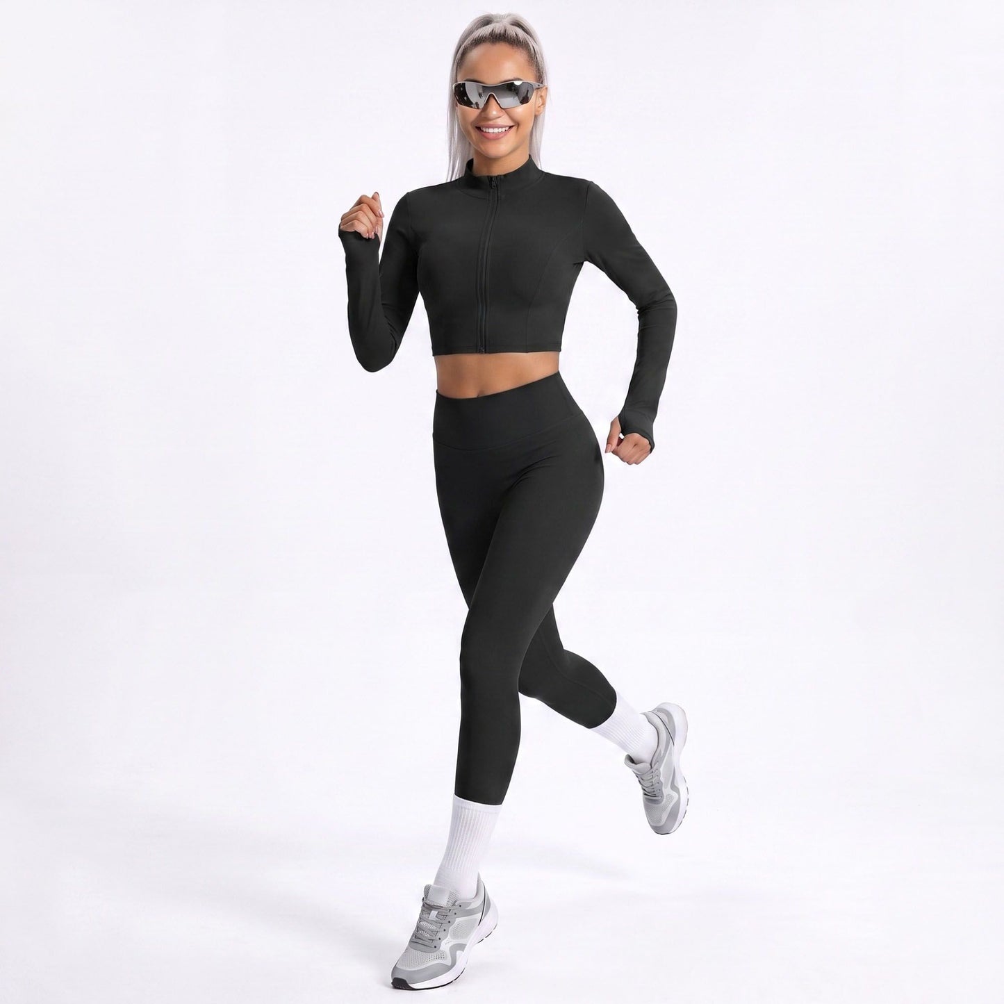 Cropped Full Zip Workout Jacket with Thumbholes