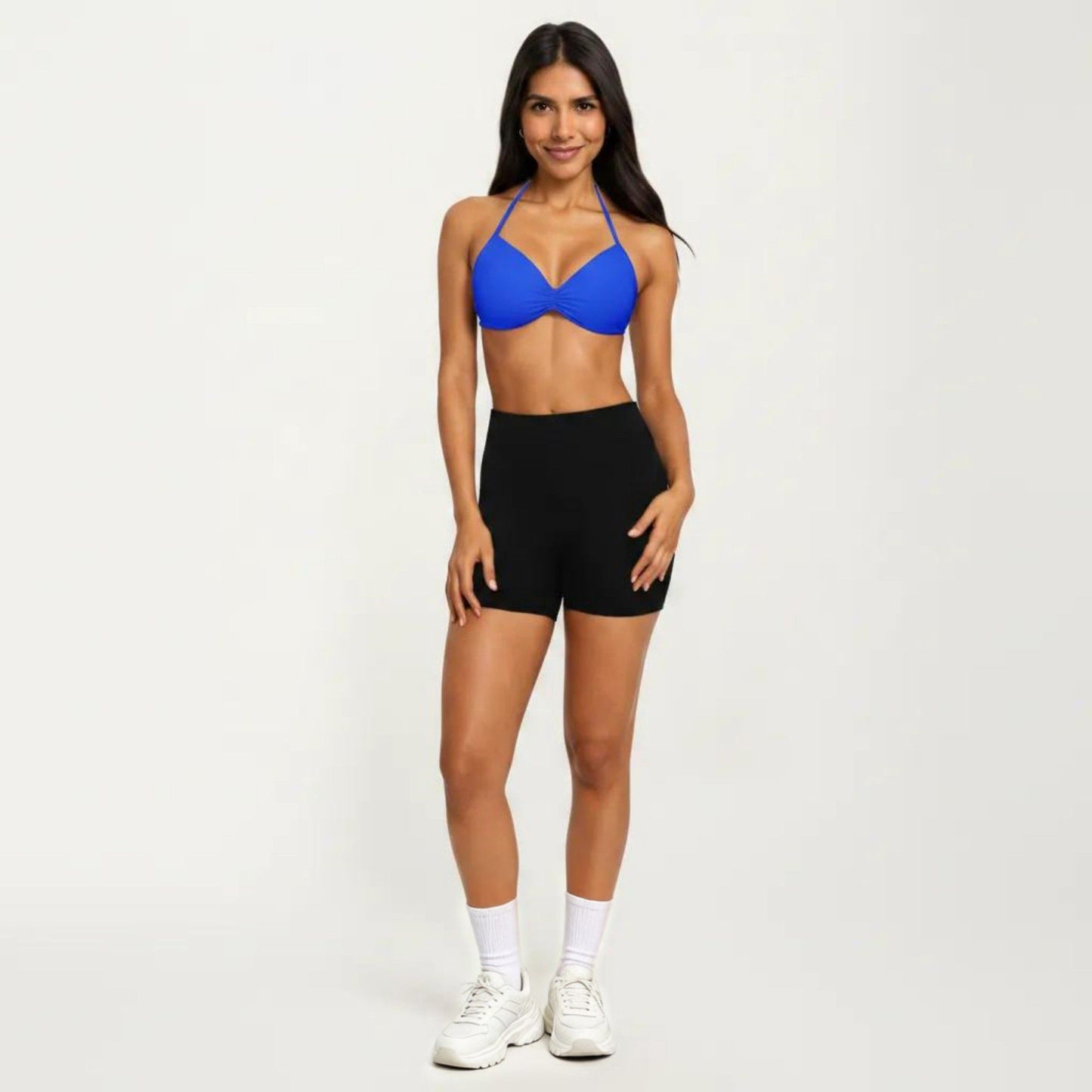 Halter Sports Bra with Ruched Front Detail and Open Back Design