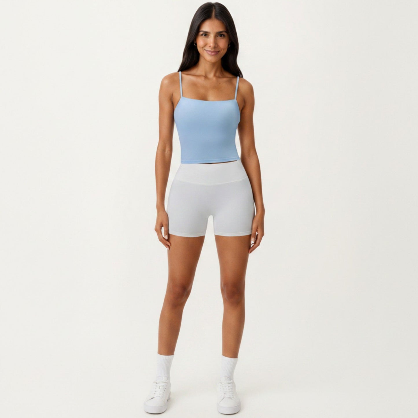 Longline Cami Sports Bra with Adjustable Straps and Straight Neckline