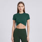 Short Sleeve Twist Front Crop Workout Top Crew Neck Yoga Activewear T Shirt
